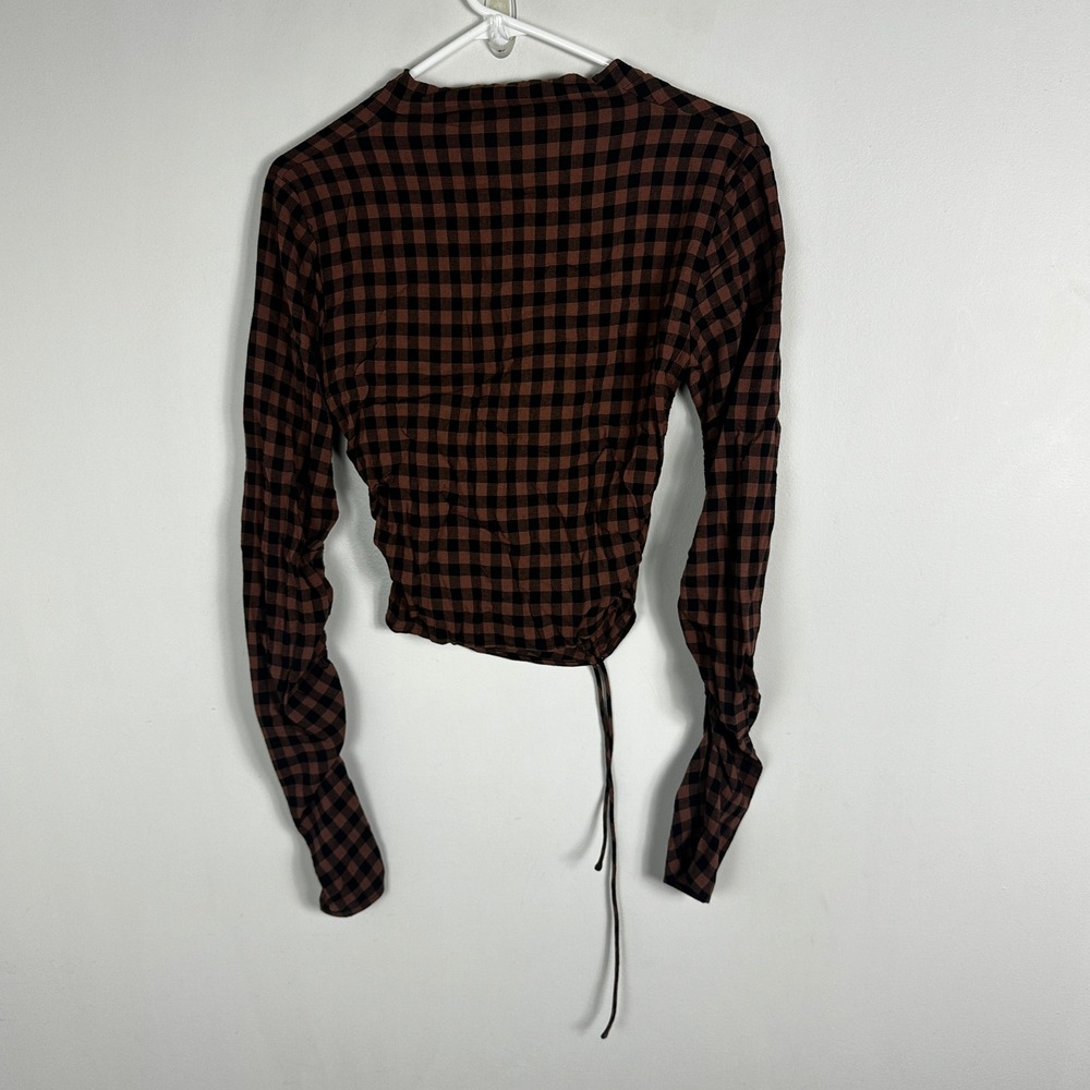 ALC Oryn Black Brandy Brown‎ Top Womens Sz 4 Ruched Long Sleeve Plaid Check Boho - Picture 5 of 16